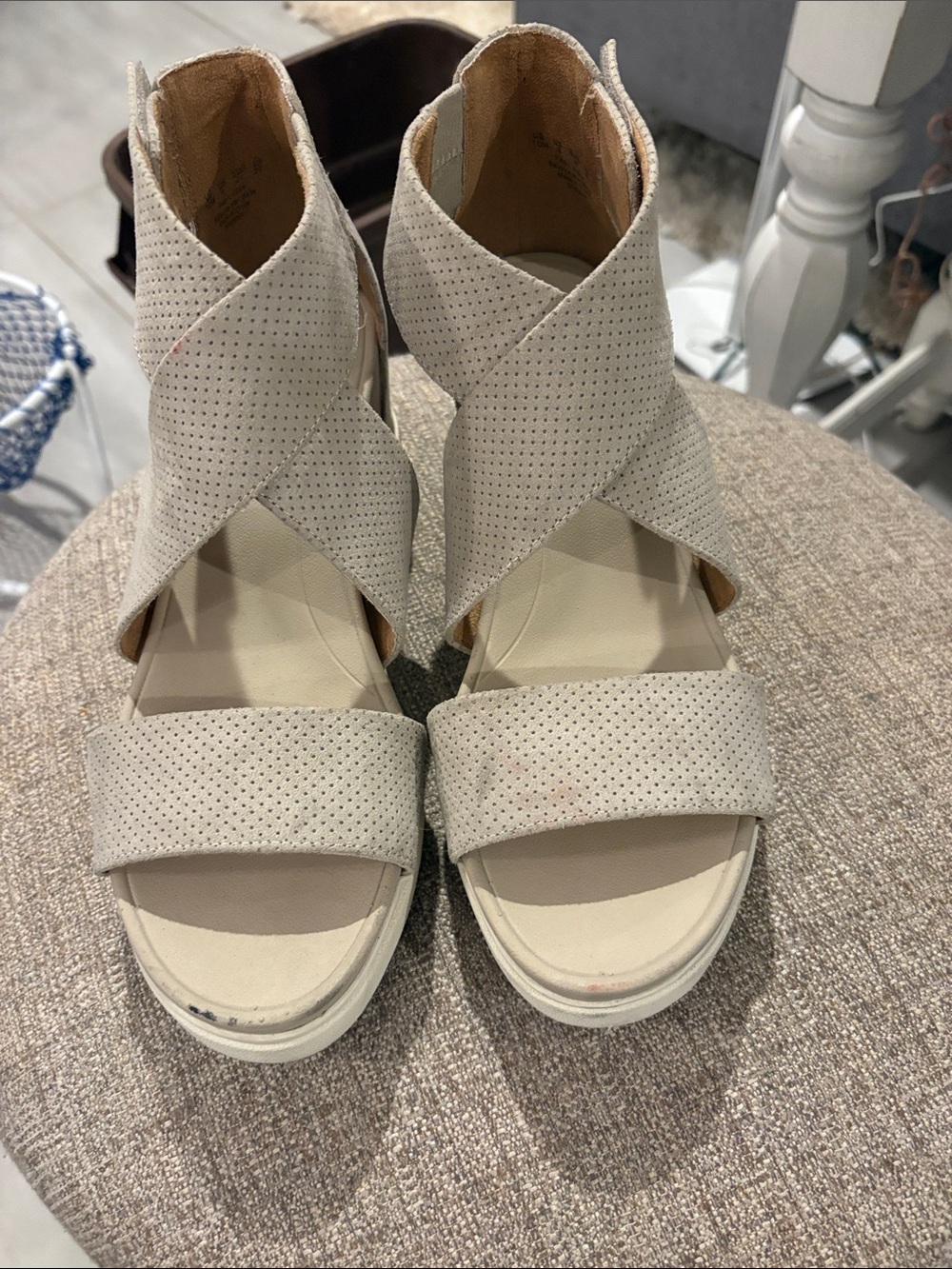 Dr. Scholl's Taupe Perforated Crisscross Wedge Sandals